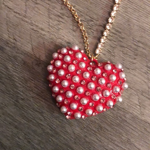 Betsey Johnson Gold Tone XOXO Red Heart Pendant Necklace Crystal Chain Accent - Picture 4 of 14